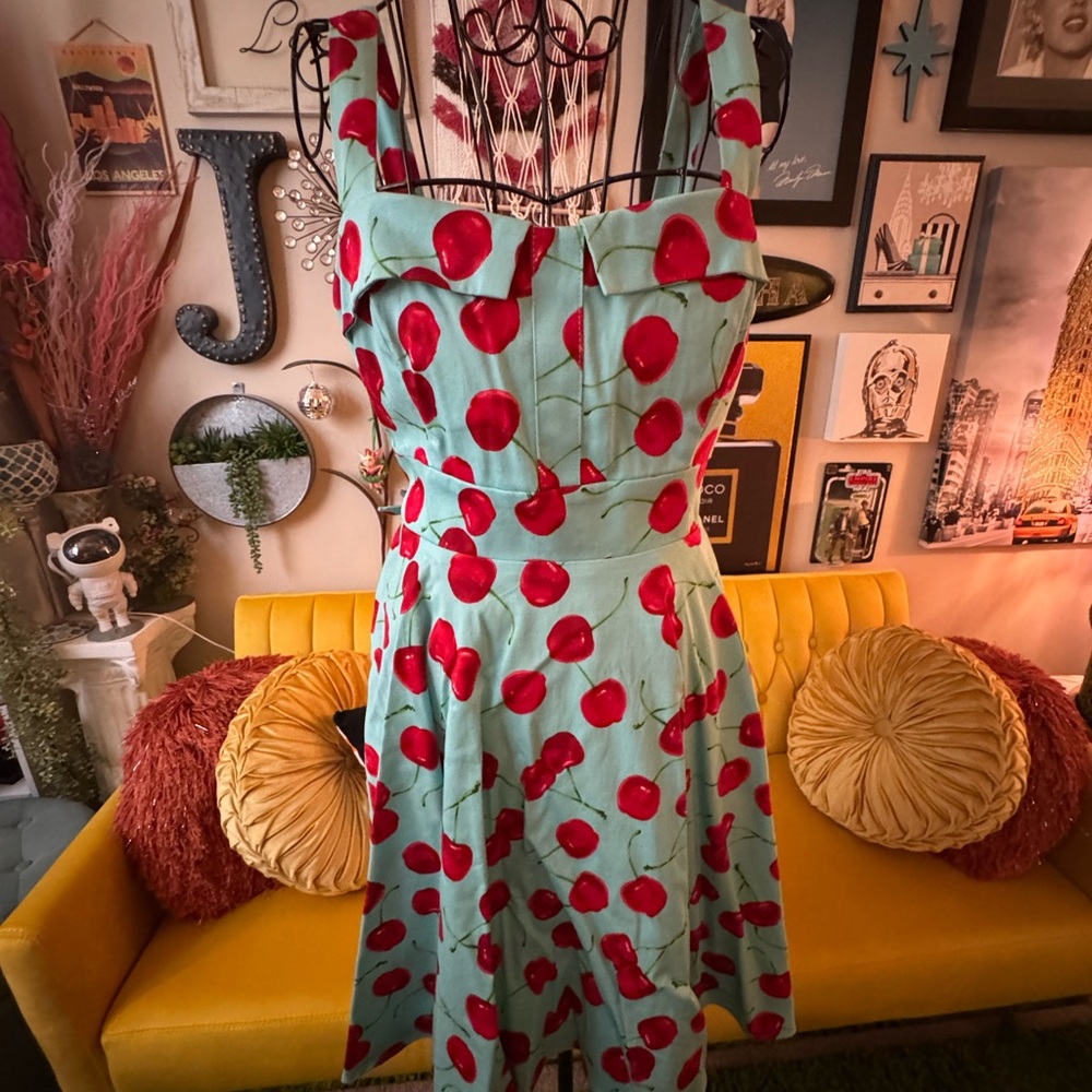 Women’s Mint Green Sundress with Red Cherry Print